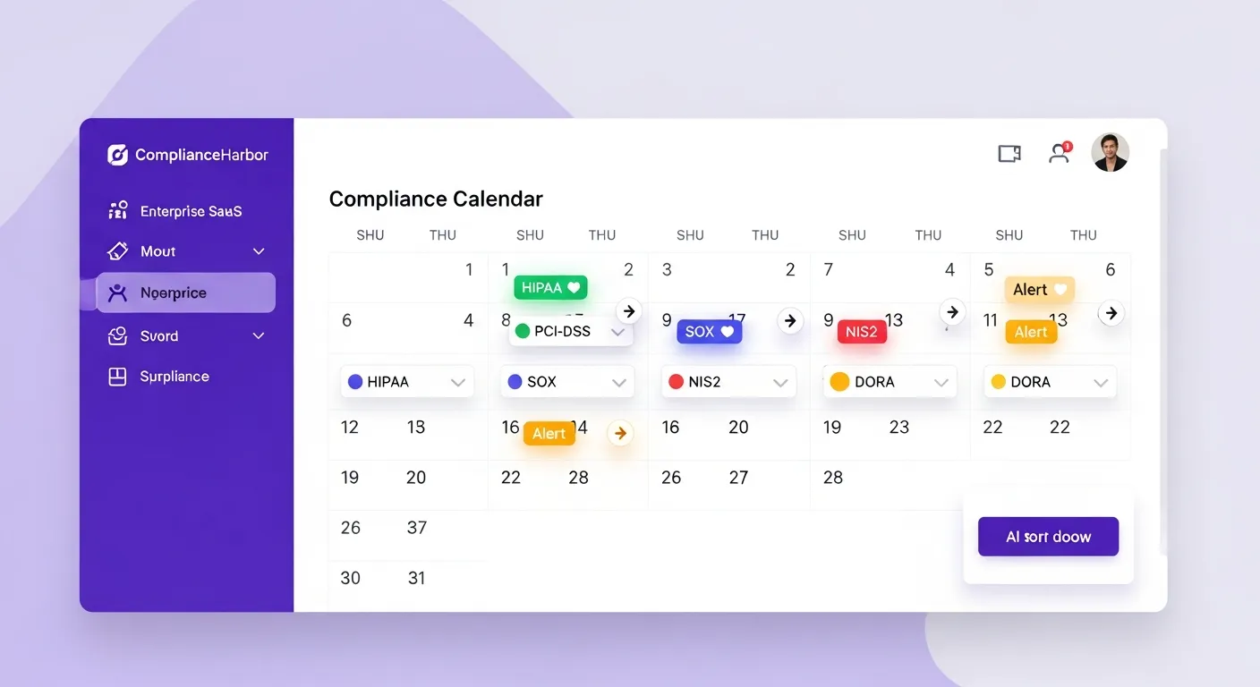 AI chat interface showing the assistant calling check_compliance_calendar and displaying regulatory deadlines for PCI-DSS quarterly scans, SOX freeze periods, HIPAA security assessments, NIS2 reporting, and DORA ICT reviews