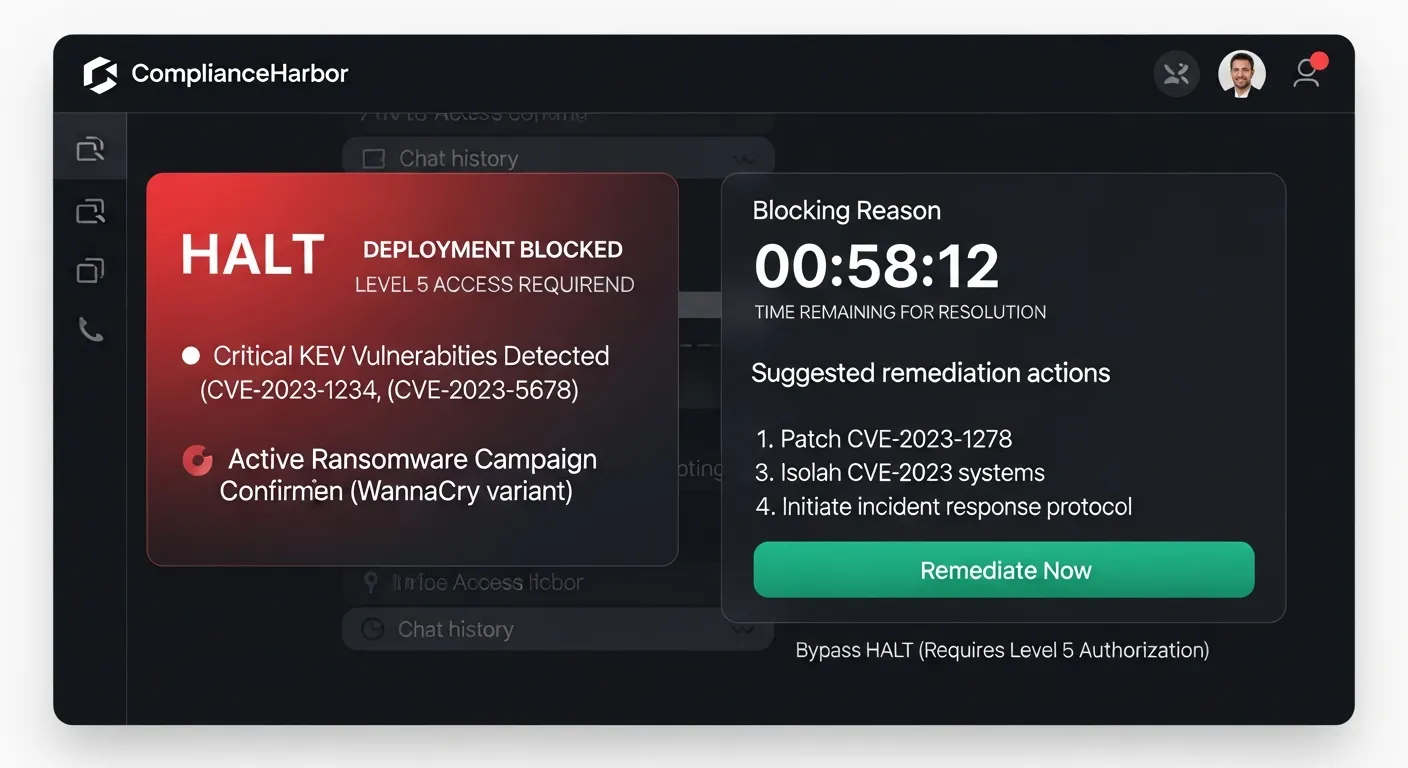 AI chat interface calling evaluate_rollback_trigger and displaying a halt reason card with clearance type, expiry timer, and suggested actions