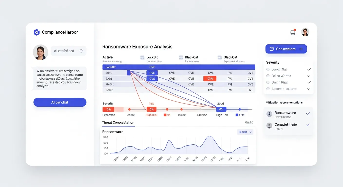 AI chat interface showing ComplianceHarbor assistant calling check_ransomware_exposure tool and displaying LockBit and BlackCat campaign correlations, 3 ransomware-linked KEVs, and dark web intelligence activity timeline
