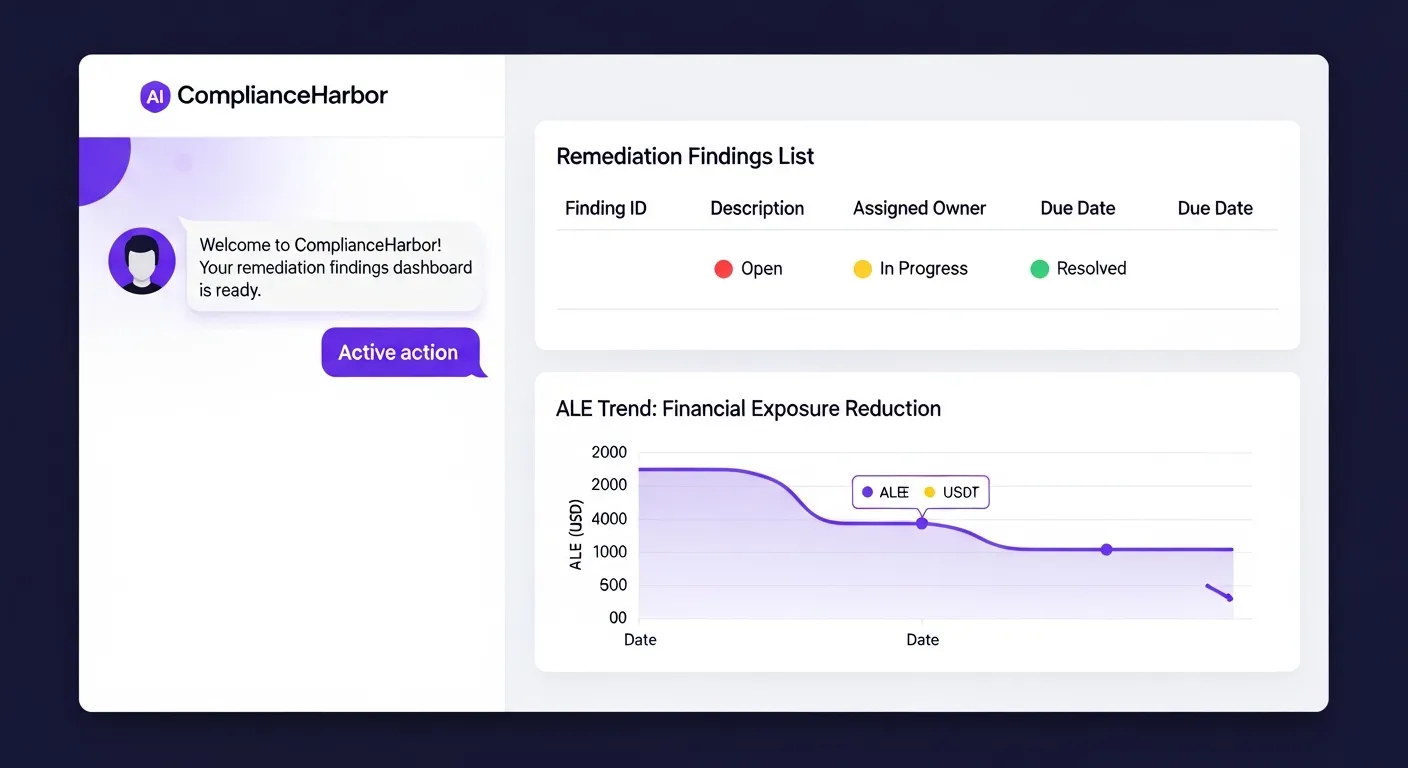 AI chat interface showing the assistant calling create_remediation_findings and displaying a findings table with severity, owner, status badges, and ALE trend chart
