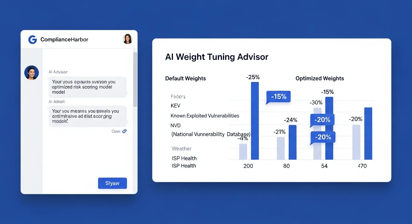 ComplianceHarbor AI Weight Tuning Advisor showing default vs. optimized risk scoring weights