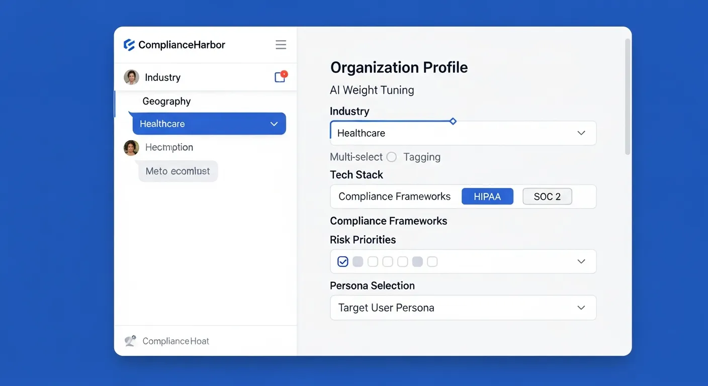 AI chat interface showing user providing organization profile to tune_score_weights tool with industry, geography, tech stack, compliance frameworks, risk priorities, and persona
