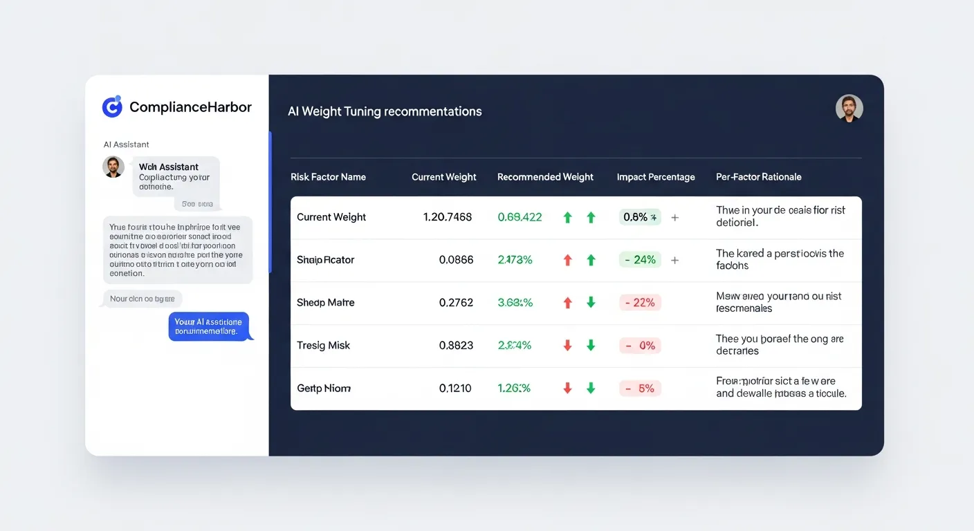 AI chat interface displaying tune_score_weights recommendations with per-factor rationale, current and recommended weights, and impact percentages