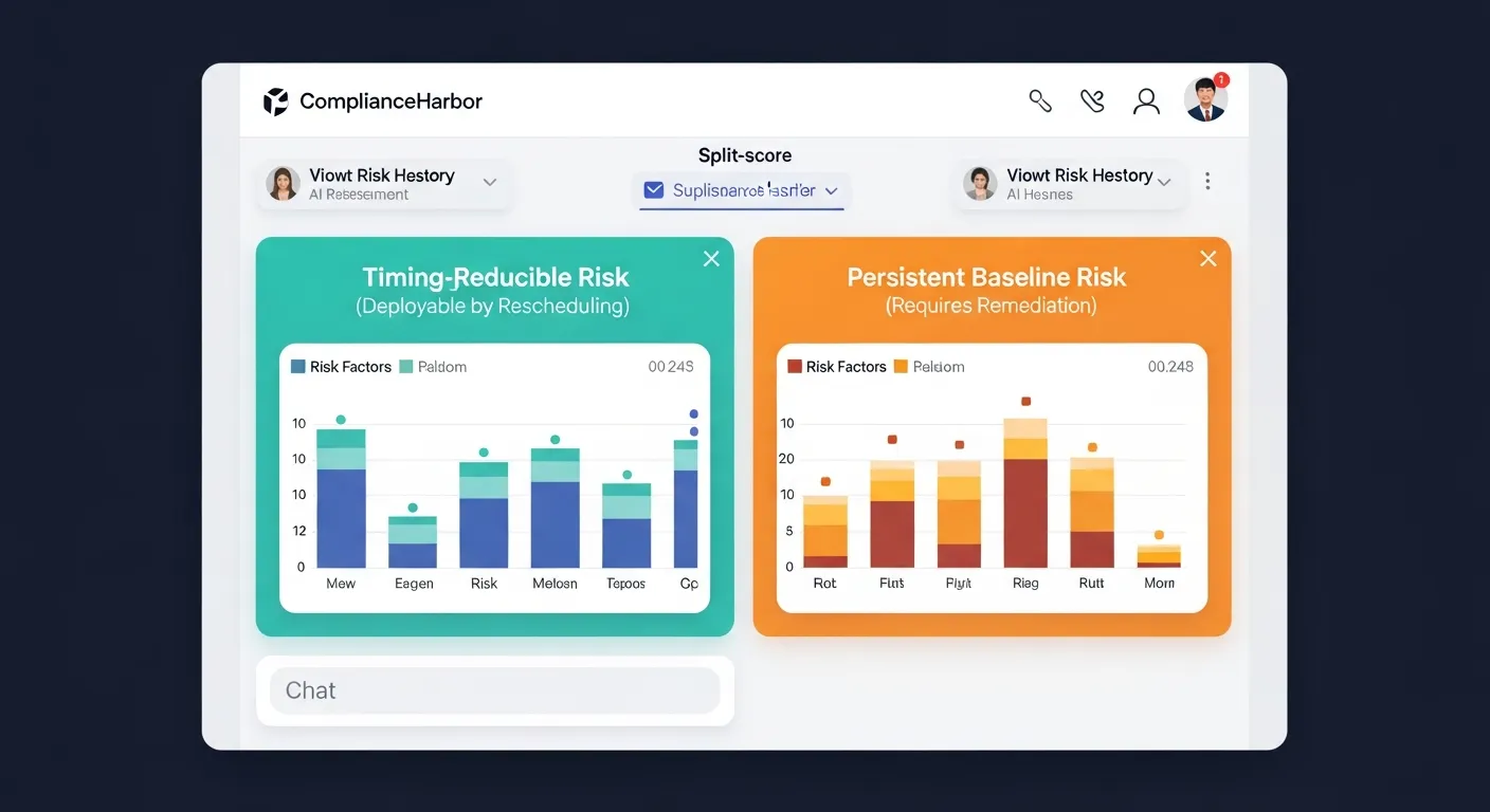 AI chat interface presenting split-score classification from the tune_score_weights tool, with timing-reducible and persistent baseline risk categories side by side