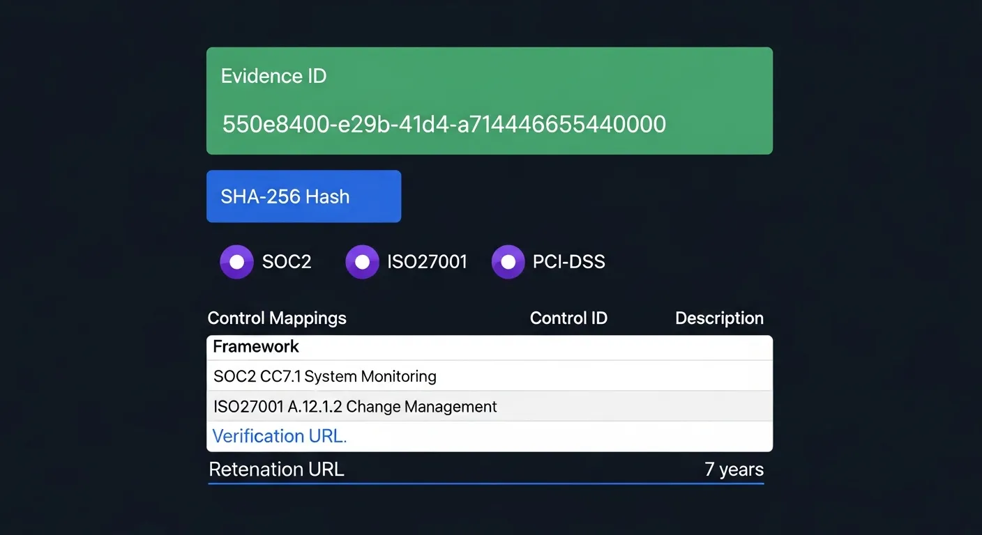 ComplianceHarbor evidence receipt showing Evidence ID, SHA-256 hash, framework badges for SOC2, ISO27001, and PCI-DSS, and control mappings table