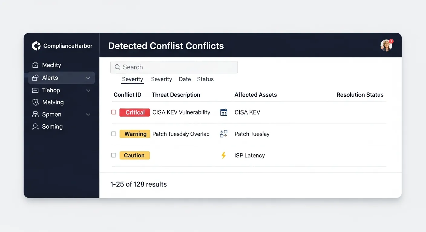 ComplianceHarbor detected conflicts showing CISA KEV critical alert, NVD high-severity CVEs, Patch Tuesday overlap, dark web mentions, and ISP latency warnings with severity badges